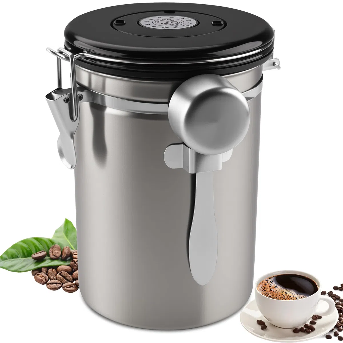 1,8 L Barattolo Caffe Ermetico, Inossidabile 304 Contenitore per Caffè - Barattolo per Caffè, con Un Quadrante Della Data e Cucchiaio, per Farina, Fagioli, Tè, Cereali e Zucchero (Grigio)