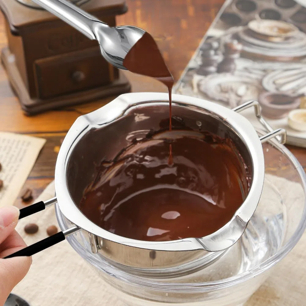 Bagnomaria in Acciaio Inox, 2 Pezzi 400ml Pentolino bagnomaria, 1 Pezzi Cucchiaio in Acciaio Inox, Manico in Silicone, per Cioccolato, Zucchero, Burro, Formaggio, Caramello, Acciaio Inox 304