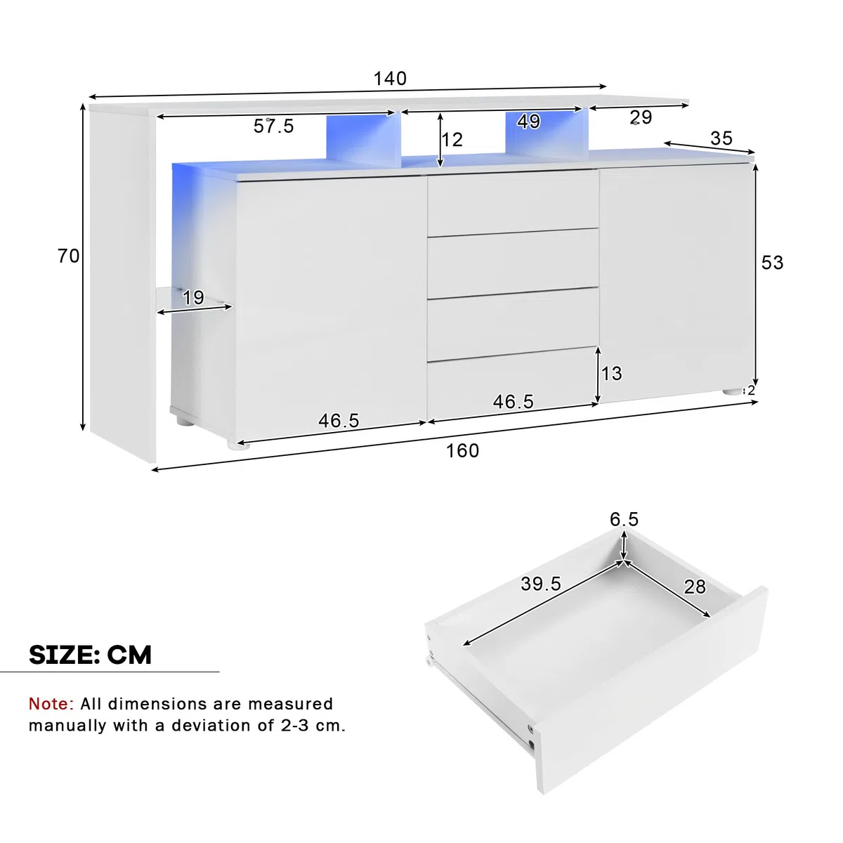 Credenza Soggiorno Moderno Lucida, Credenza Cucina Bianca con LED, Mobile Soggiorno Contenitore Buffet Cucina Salvaspazio con 2 Ante e 4 Cassetti, con Divisori in Vetro, Bianco, 160x35x70cm