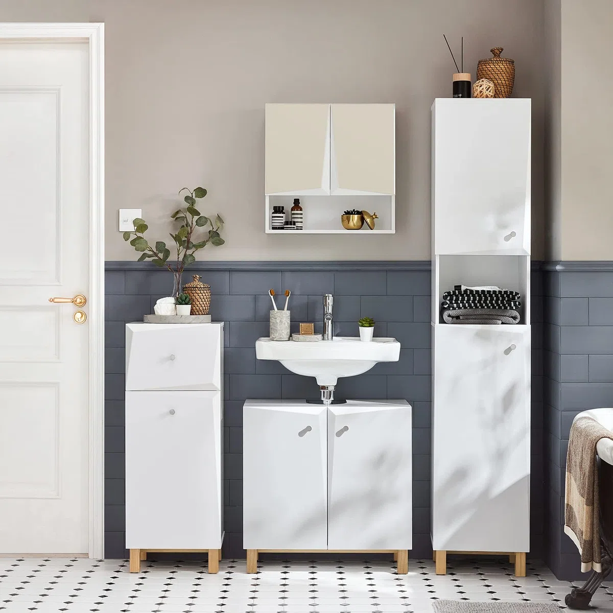 SoBuy Armadietto da Bagno con Cesto per il Bucato – Mobile per il Bucato con Cassetto Compatto, Mobile Salvaspazio in Legno per il Bagno, Design Moderno, Bianco, 34x90x30 cm, BZR93-W