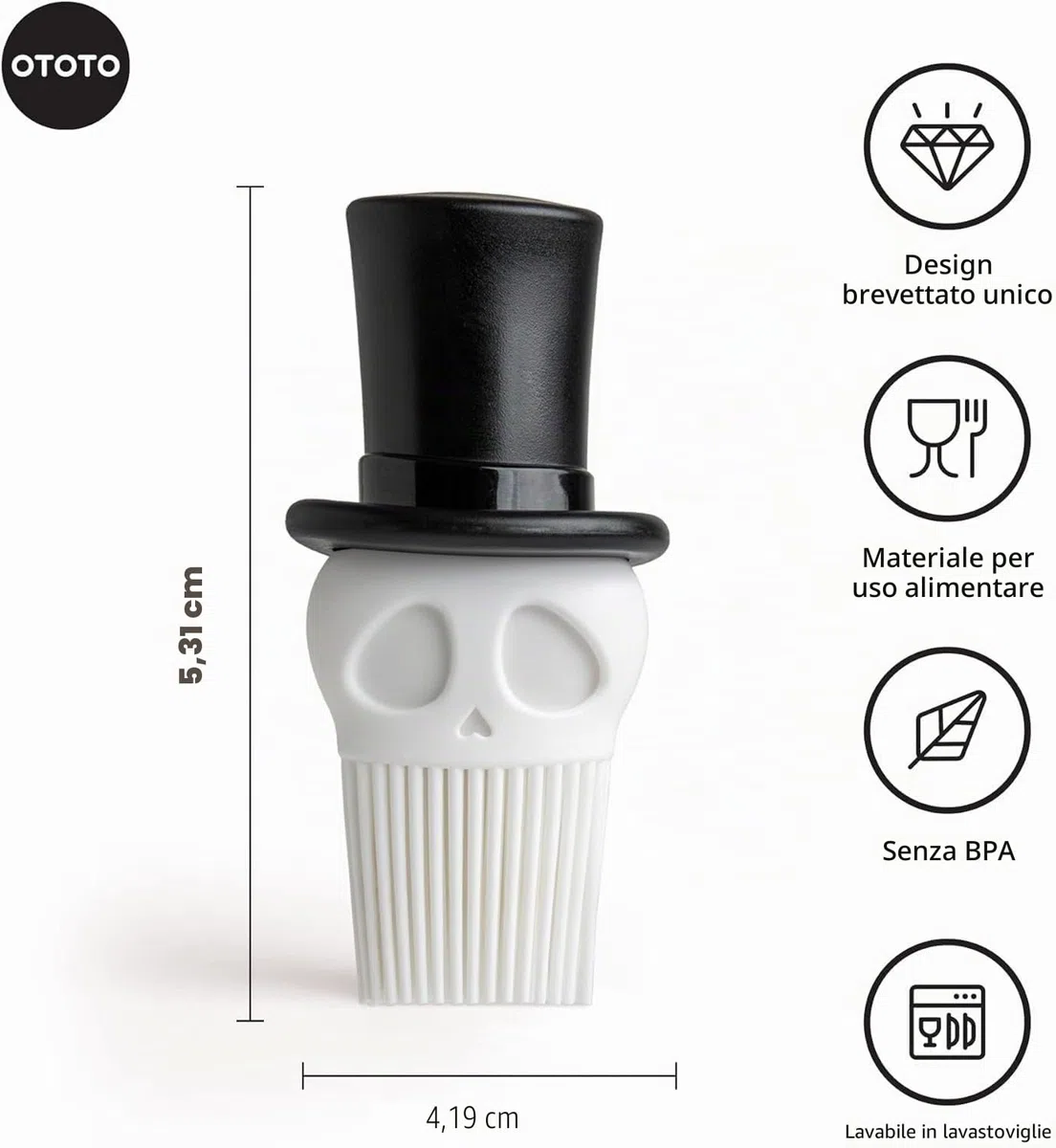 OTOTO Skully - Pennello da pasticceria in silicone, regalo da cucina, regali spettrali, accessori da cucina a forma di teschio, spazzola per cucinare - regalo da cucina, gadget da cucina, regali