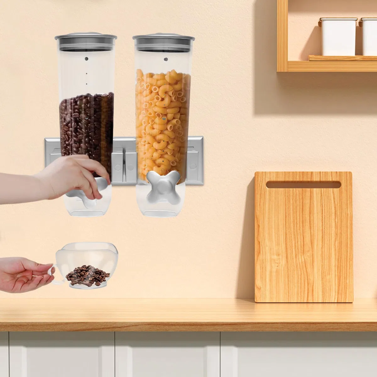 Dispenser per cereali, doppio montaggio a parete, 3 l, doppio contenitore, in plastica, per cereali, cereali e caramelle, 11,4 x 5,9 x 11,81 pollici, argento