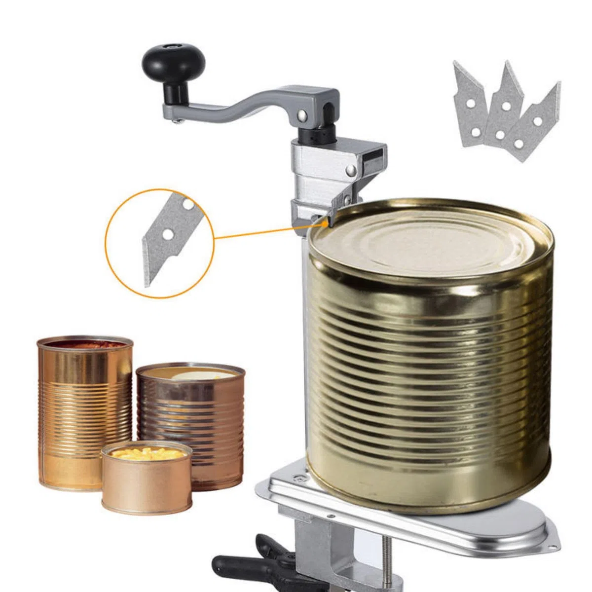 Apriscatole da banco commerciale resistente, apriscatole manuale da tavolo, con lama in acciaio inossidabile e base in acciaio placcato, 3 lame di ricambio, apriscatole per lattine fino a 30,5 cm,