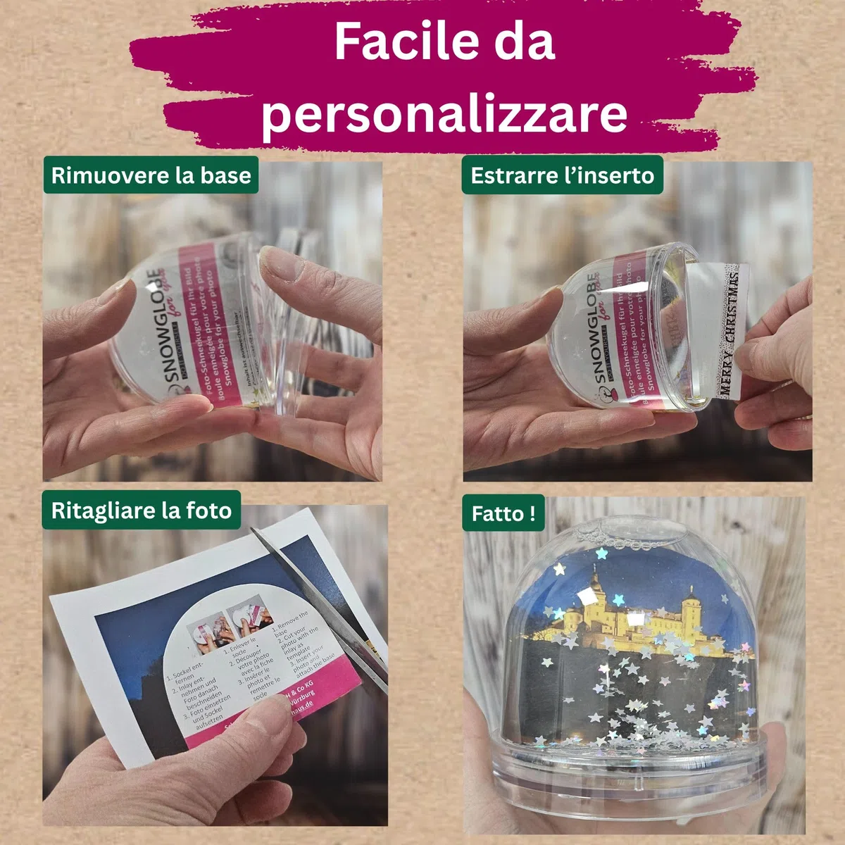 Globo di neve grande | contenuto argento stelle | con 2 x immagini | base trasparente | sfera di neve glitter | larghezza 9 cm altezza 8 cm 2 pagine da colorare | cornice regalo foto | 50011
