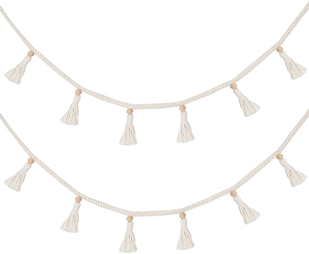 GOODCHANCEUK - Set di 2 ghirlande di pompon in macramè con pompon intrecciati e cesti decorativi da appendere alla parete, per camera da letto, cameretta dei bambini, cameretta dei bambini