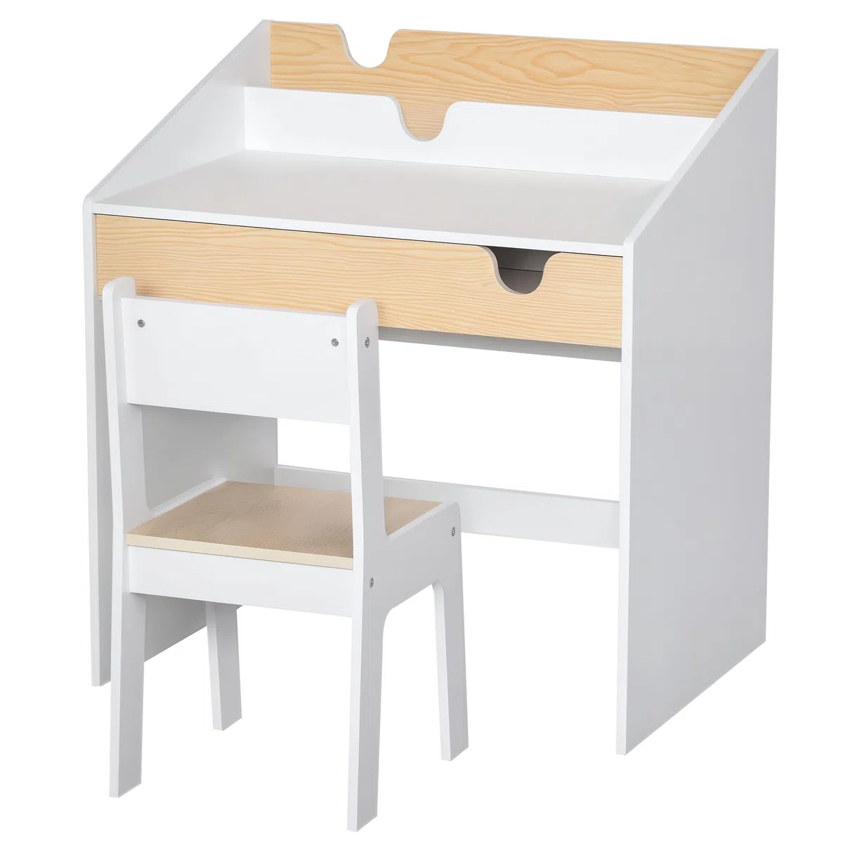HOMCOM Set Scrivania e Sedia per Bambini, Tavolo con Cassetto e Scaffale, Mobili per Cameretta con Angoli Arrotondati, per Età 6-10 Anni, Bianco e Legno