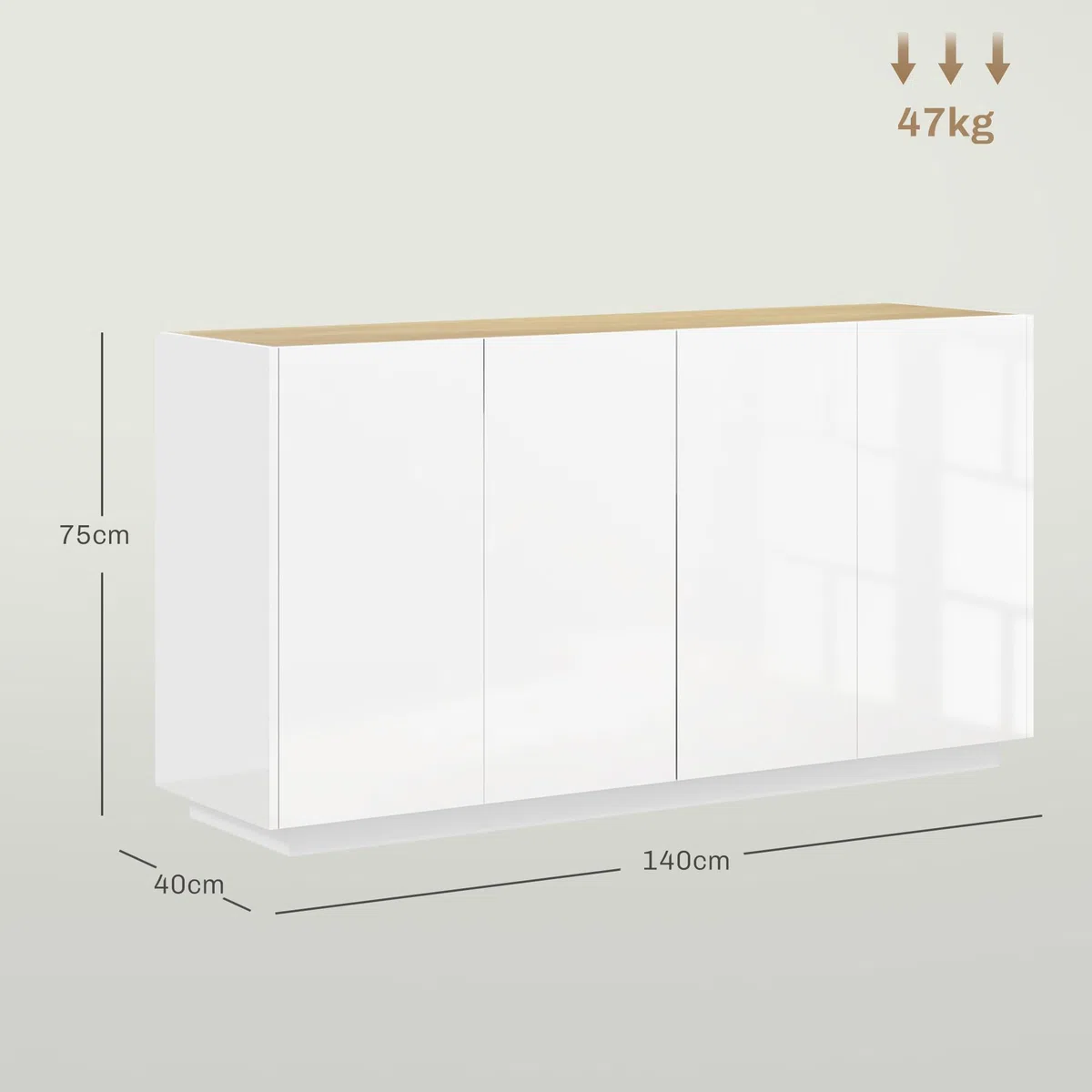 HOMCOM Credenza Soggiorno con Armadietti a 2 Ante, Madia Soggiorno Moderna con Ripiani Regolabili e Chiusura Ammortizzata, per Sala da Pranzo e Soggiorno e Salotto, 140x40x75 cm, Bianco Lucido
