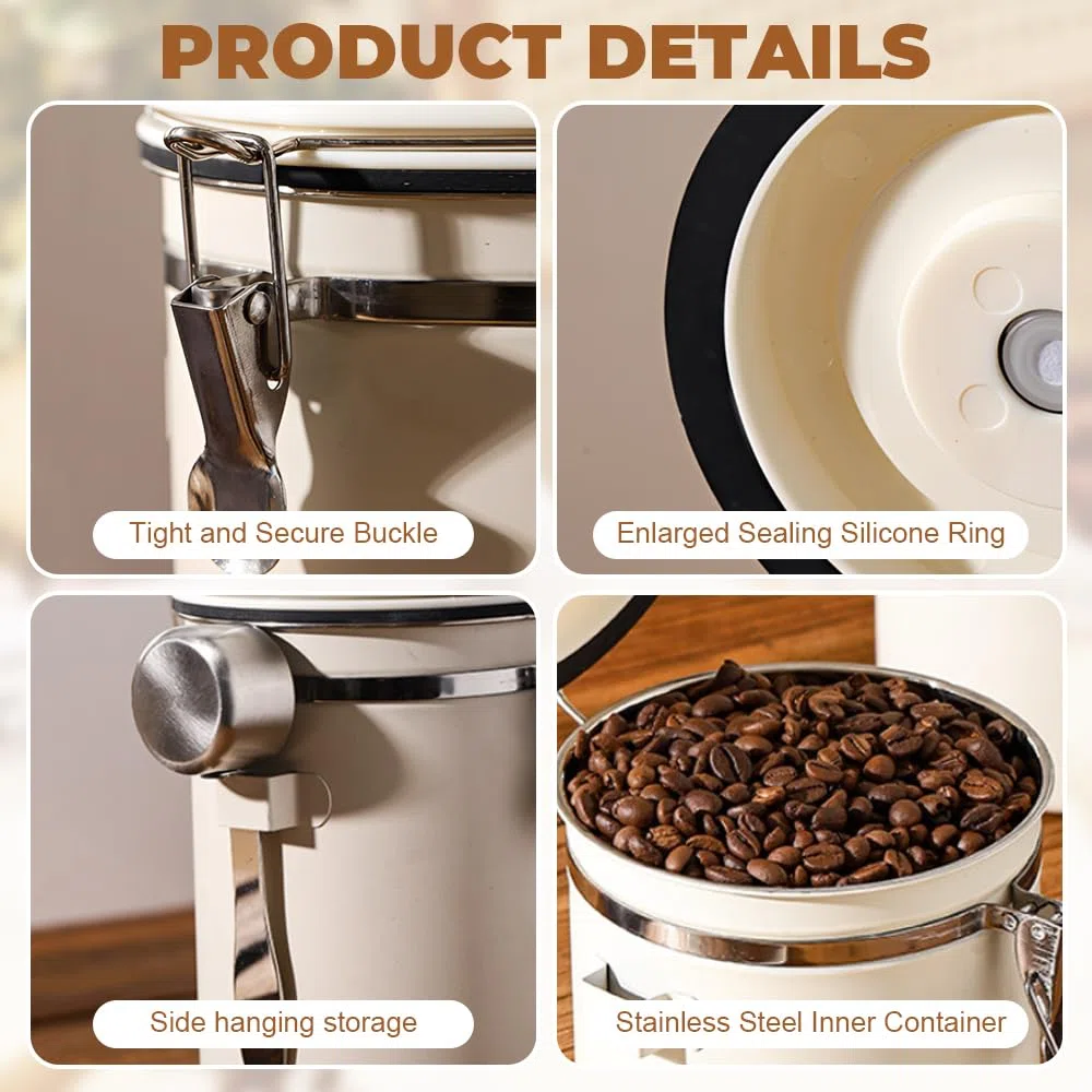 Barattolo Caffe Ermetico 11.8 X 18 CM,Contenitore Caffe in Polvere,Coffee Beans Container,Contenitore Farina con Display Della Data e Cucchiaino,Barattolo per Conserve Zucchero per Noci e Tè