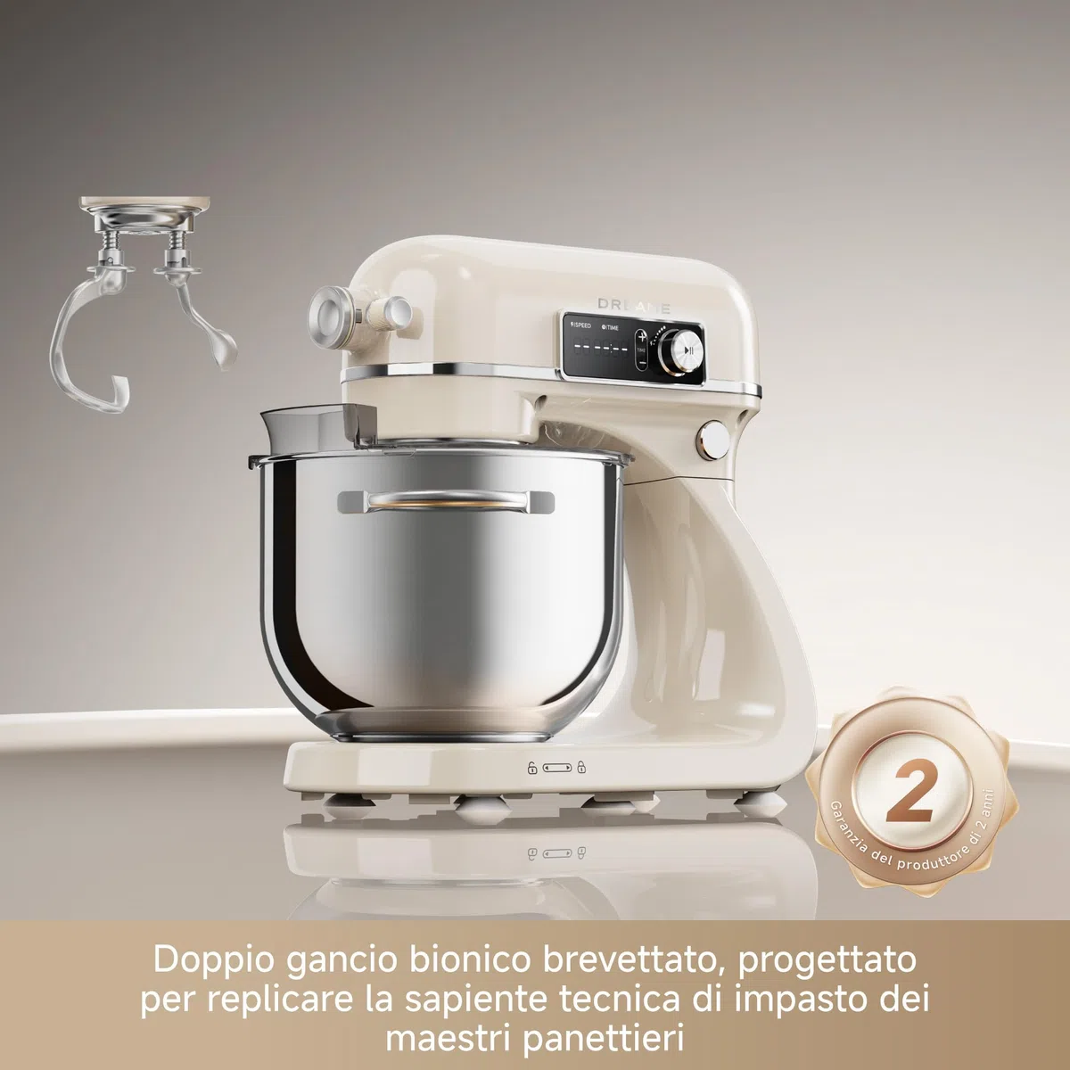 DREAME BioKnead Impastatrice Planetaria. Doppio Gancio Brevettato e Motore CC Silenzioso da 800 W con Ciotola da 6 L, Display Digitale, 12 Velocità e Numerosi Accessori per Ogni Attività, Bianco