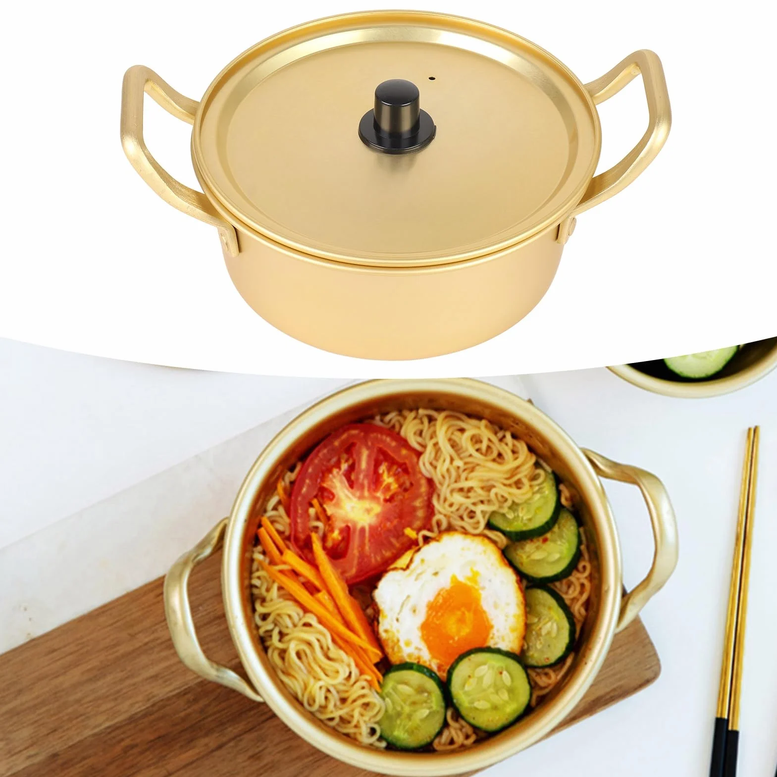 Pentola per ramen coreana, piccola pentola gialla in alluminio per cucinare noodles, pentola per pasta e ramen, pentola da coreana con manici per zuppa, noodles, pasta, casa e (16 cm)