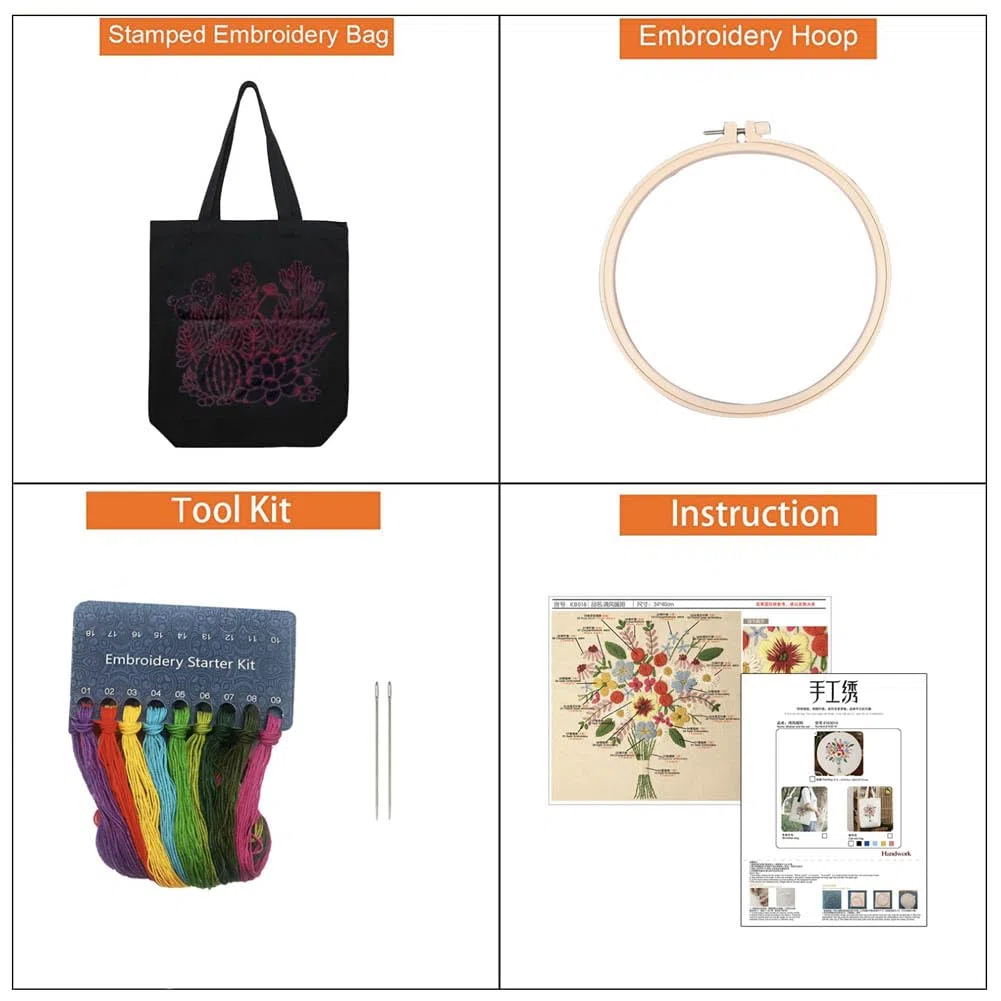 KABAKE Kit di ricamo per principianti, arte fai da te, kit di ricamo per principianti, kit per ricamo fai da te, include borsa da ricamo timbrata, fili, utensili da ricamo (borsa nera con girasole)