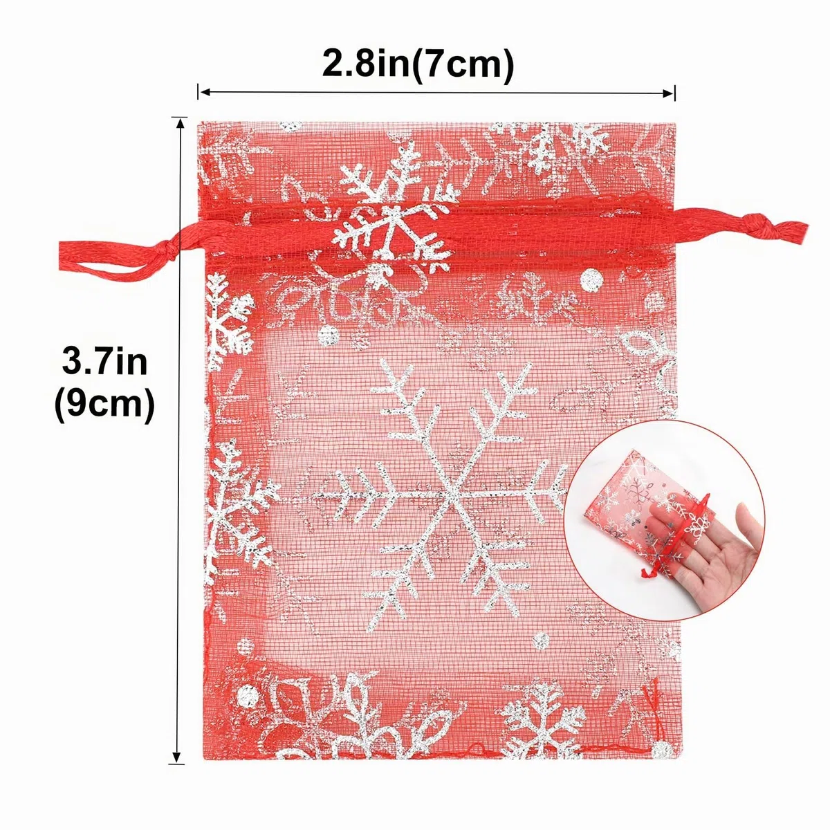G2PLUS Sacchetti in organza rossa, 7 x 9 cm, con fiocco di neve, piccoli sacchetti regalo di Natale, 100 sacchetti per bomboniere per Natale, compleanno, matrimonio, anniversario