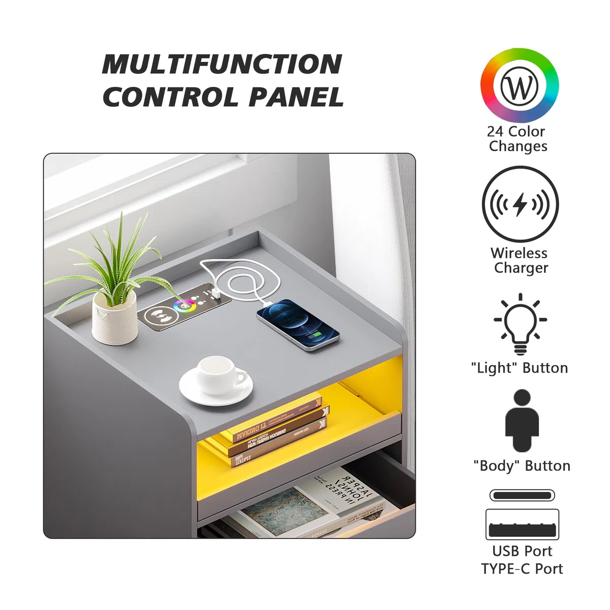 Gurexl LED 2 pezzi comodino con stazione di ricarica，cassettiera camera con sensore del corpo umano e 24 RGB leggero ，comodini moderni da letto legno da letto con 3 cassetti per Camera，Grigio