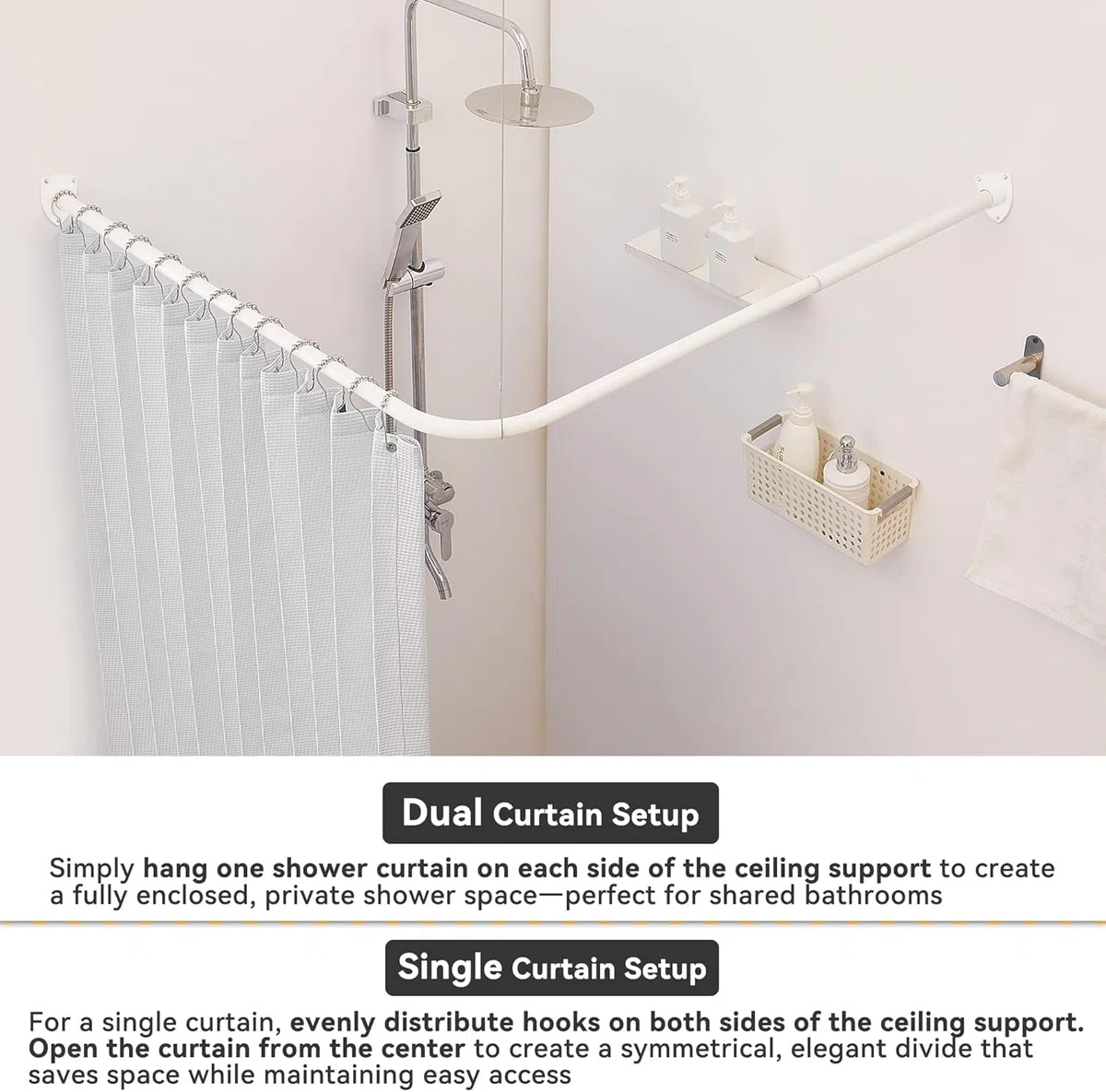 Asta per tenda da doccia, a forma di L, asta estensibile per tenda da doccia per bagno, negozio di abbigliamento, in acciaio 304, con 12 ganci ad anello e supporto a soffitto (bianco, 60-130 cm x 60