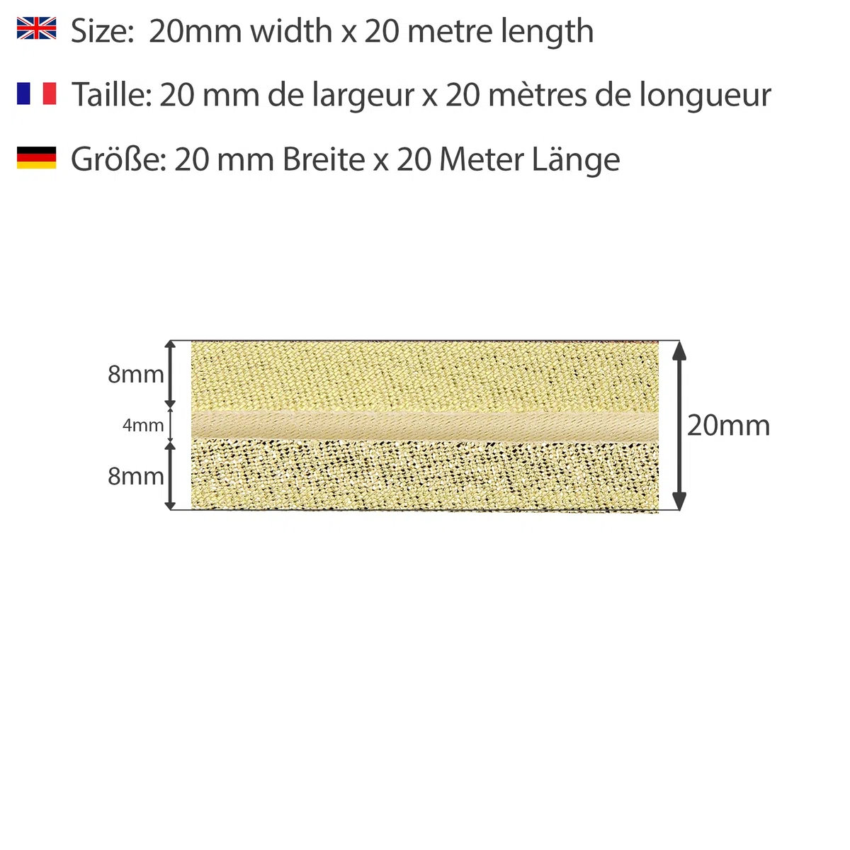Nastro sbieco metallizzato luccicante, 80% Poliestere 20% Lurex, 20mm x 20m, Oro