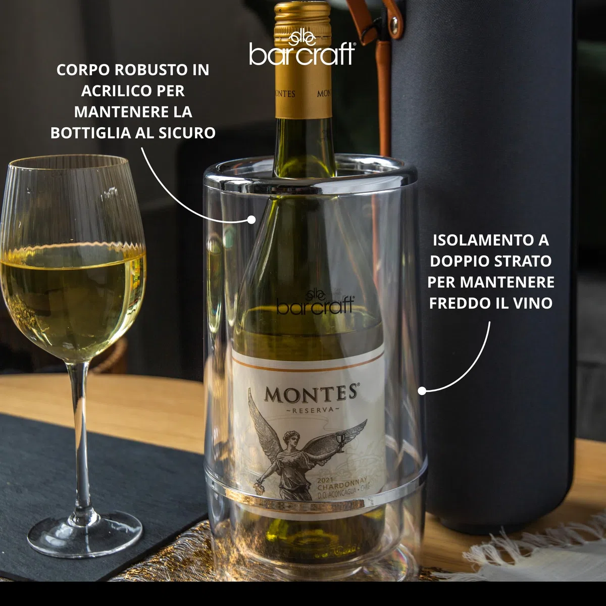 BarCraft Refrigeratore Isolato, Bottiglia Singola, Acrilico con Dettagli Cromati, 12 x 12 x 23cm, Trasparente/Acciaio