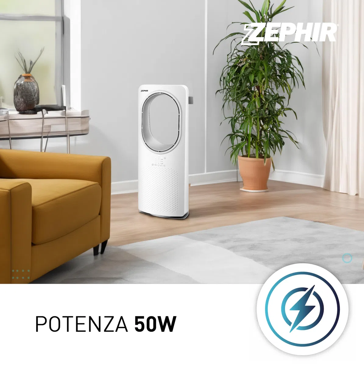Zephir, Ventilalatore a Torre Senza Pale, 3 Velocità, 3 Modalità di Fusso d'aria, Ventilatore Oscillante, Display LED, Comando Touch, Timer 15 ore, Telecomando, Potenza 50 W