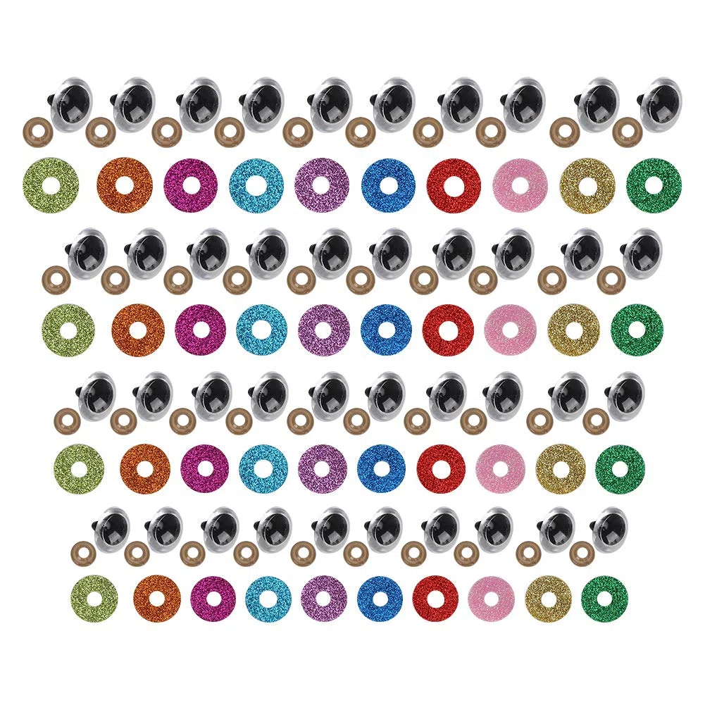 100 Occhi di Sicurezza con Disco Glitterato Colorato, Set di Occhi di Bambola Glitter Occhi di Sicurezza Colorati con Rondelle per Animali (16MM)