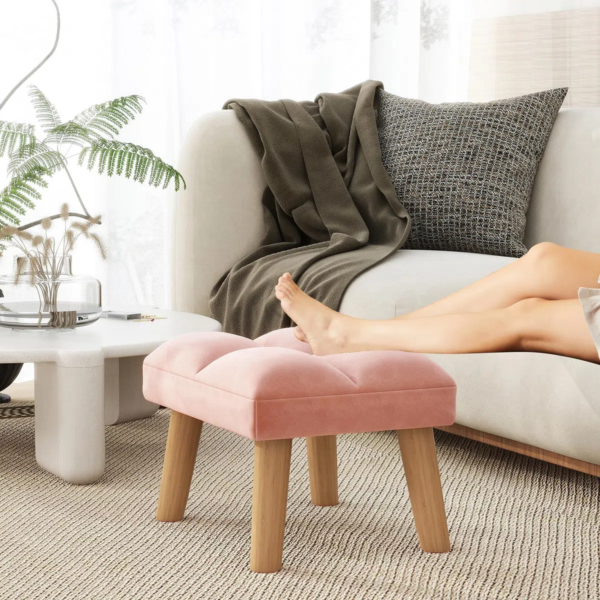 YMYNY Poggiapiedi sotto la scrivania, piccolo sgabello ottomano con gambe in legno, moderno poggiapiedi imbottito in velluto, poggiapiedi per soggiorno, ingresso 40 x 30 x 27 cm, rosa, HBD032P