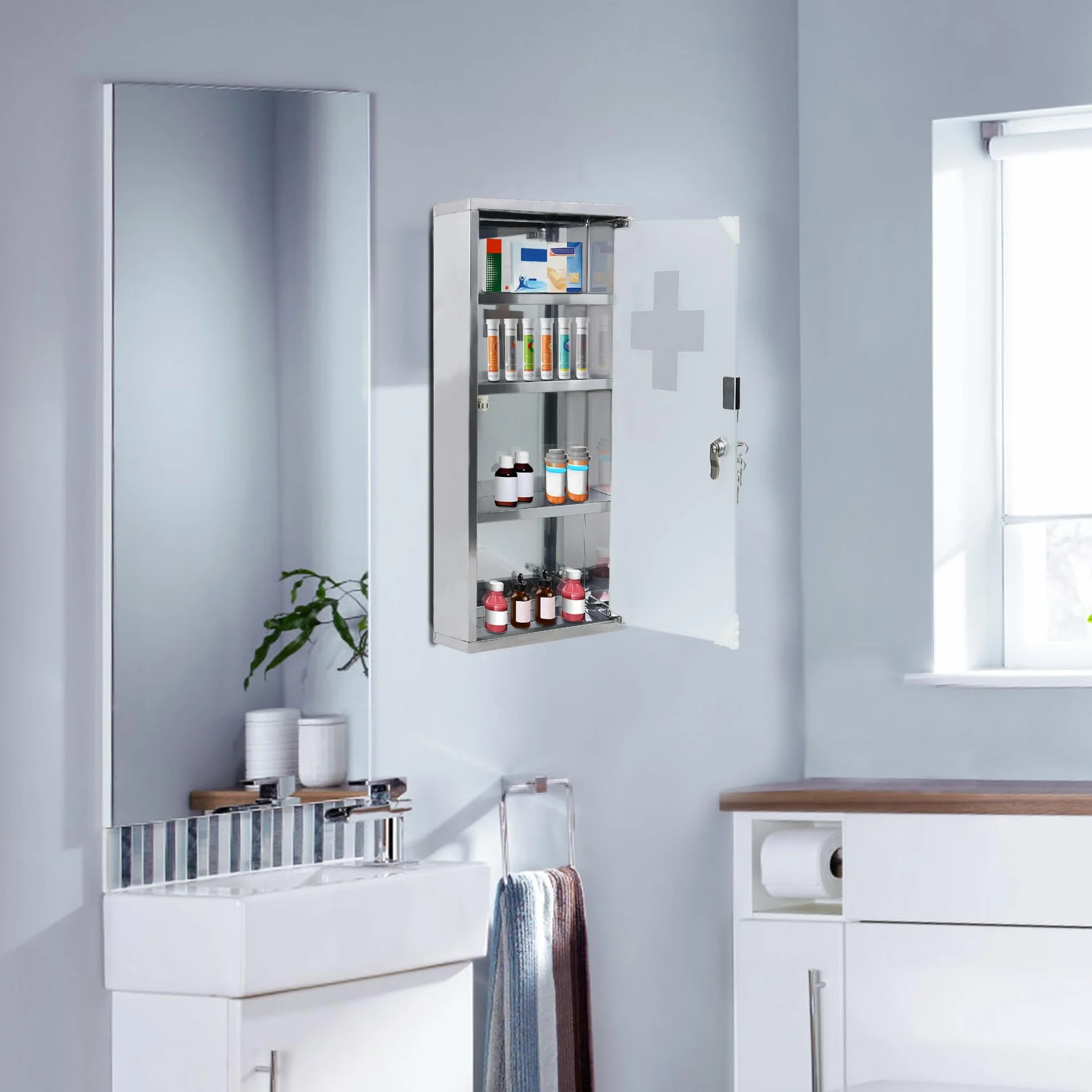 Armadio per medicinali in acciaio inox, armadietto per medicinali con 4 scomparti, armadietto per farmaci, 30 x 12 x 57,5 cm