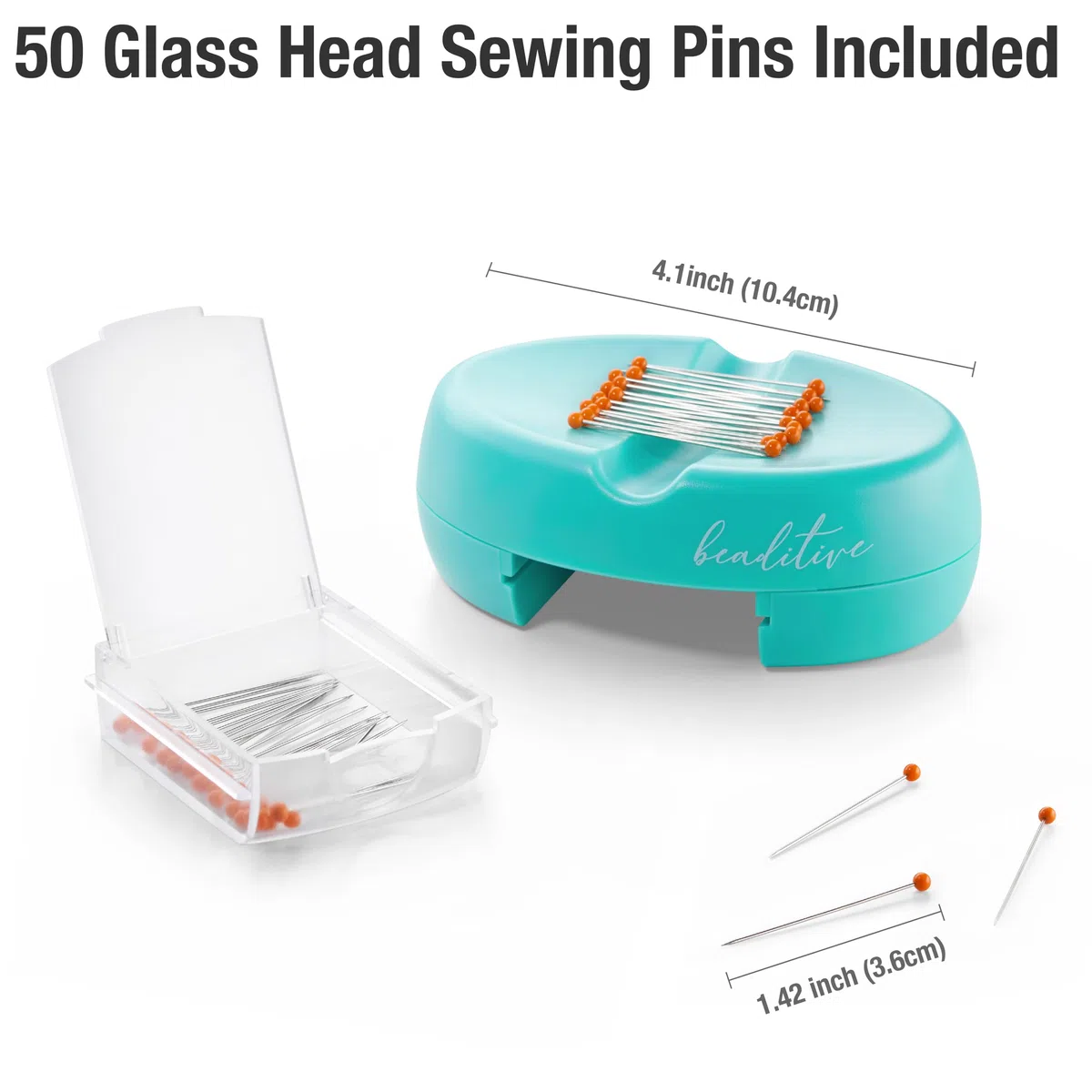 Beaditive Puntaspilli magnetico con cassetto, forte supporto magnetico per cucito, 50 spilli con testa in vetro inclusi, elegante portapillole per spilli da cucito, graffette (turchese)