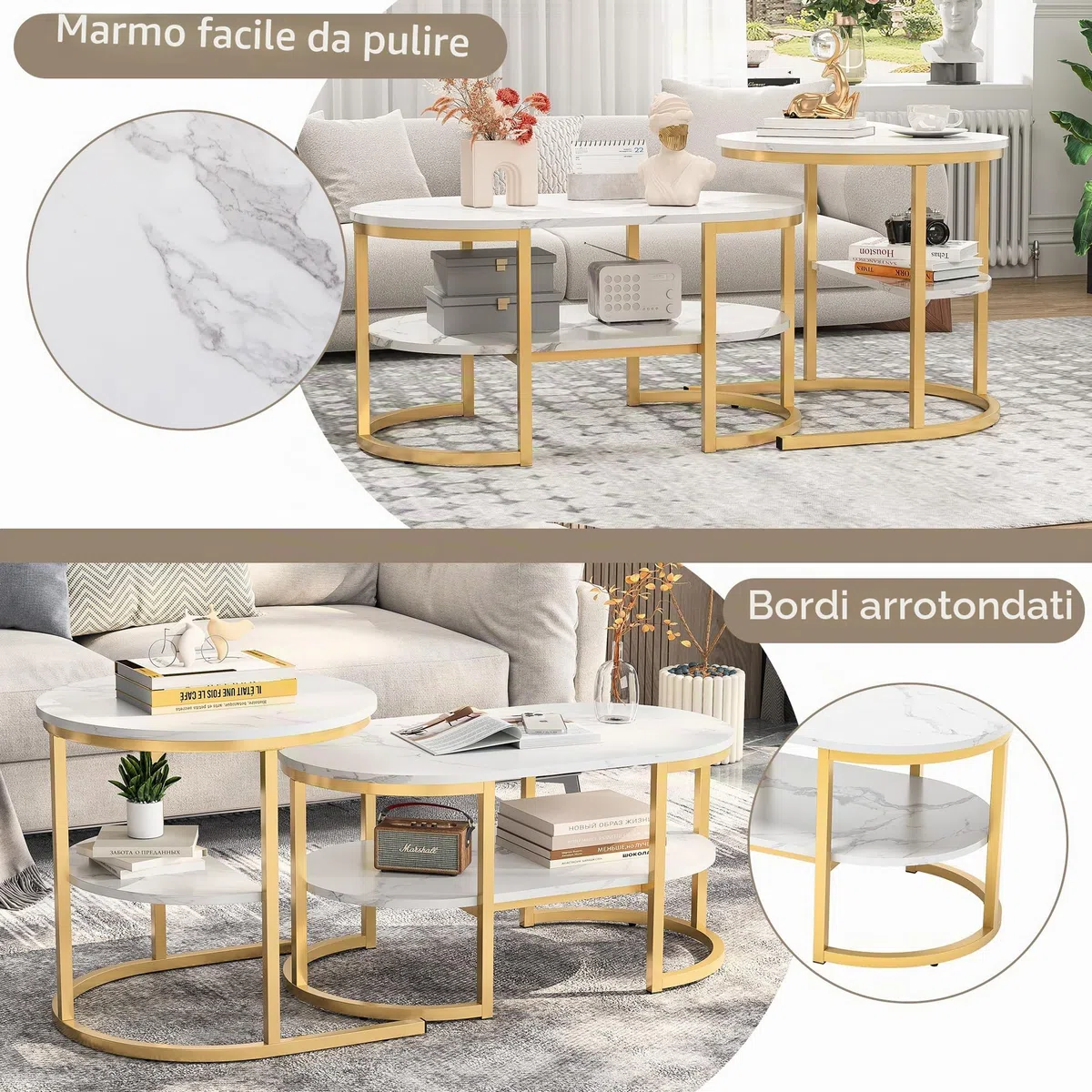 Set di 2 tavolini ovali, set di 2 tavolini 2 in 1 con spazio di archiviazione, tavolino in marmo effetto tavolino da salotto per soggiorno, balcone e ufficio (ovale, bianco + oro)
