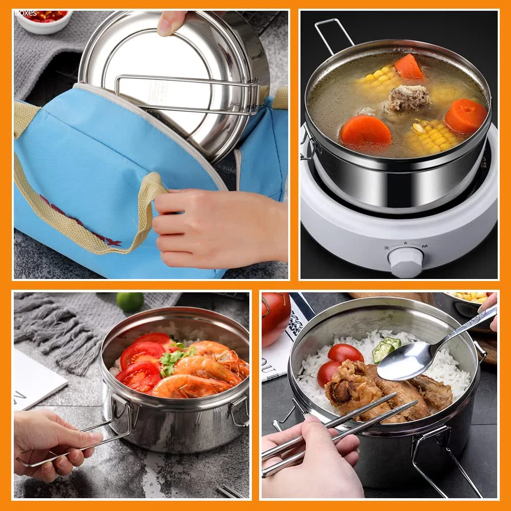 1200ml Lunch Box in Acciaio Inox, Rotondo Gavetta, Scatole per Il Pranzo, per Adulti e Bambini, con Maniglia,per Scuola, Picnic, Viaggi