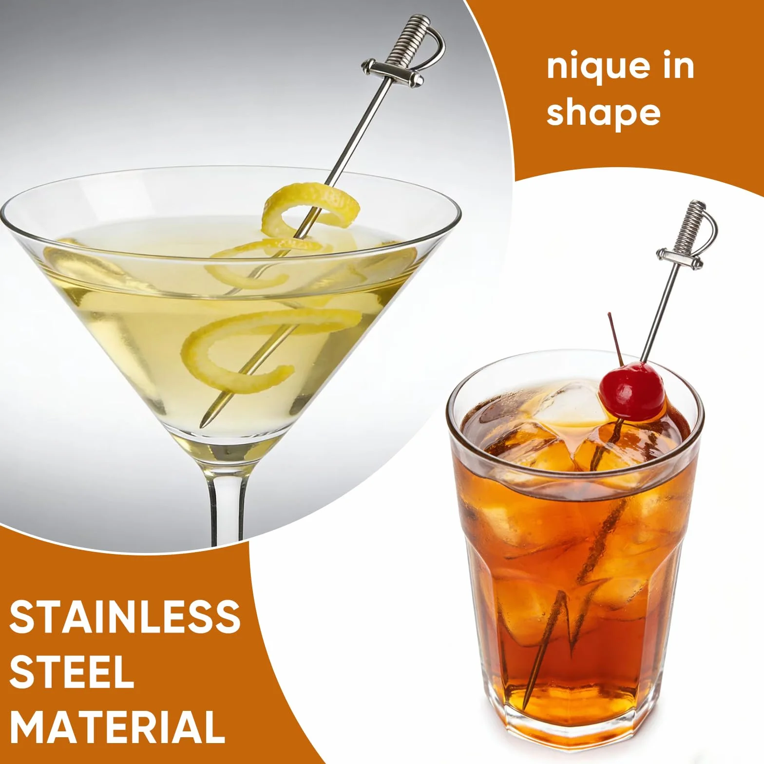 Bastoncini da cocktail in acciaio inox, 5 bastoncini da cocktail retrò, spiedini di oliva Martini, stecchino per bevande per bar e uso domestico, stuzzicadenti durevoli per antipasti, contorni e