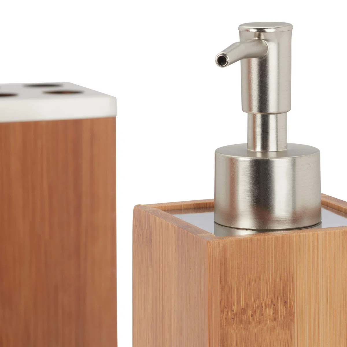 Relaxdays Kit Bagno Porta Sapone, 6 pz bambù, Dosatore, Cestino, Porta-Scopino, Ripiano, Portaspazzolino, Legno Naturale