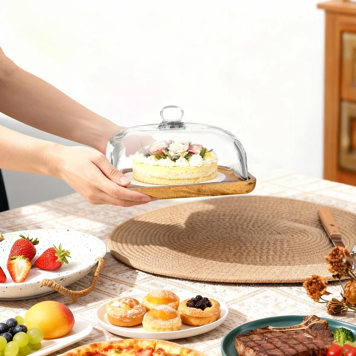 Alzata rettangolare in legno con cupola in vetro, grande mini supporto per torte con campana in vetro trasparente, vassoio per torte, per cucina, feste di compleanno, matrimoni, CAKE-FANG01