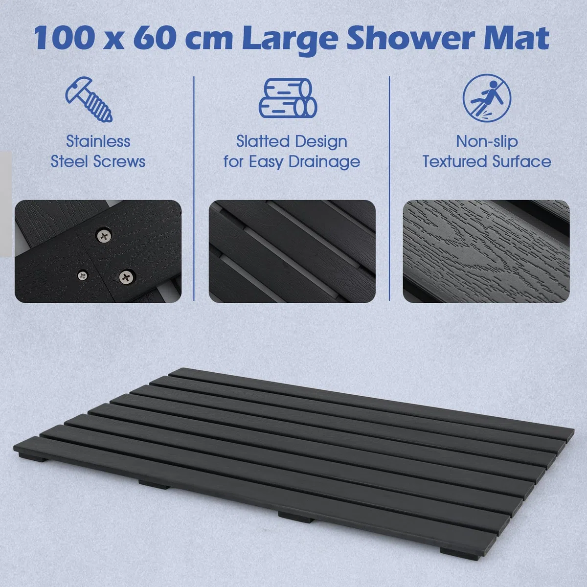 SOARS Tappetino doccia antiscivolo, griglia per esterni e interni, 100 x 60 cm, materiale WPC impermeabile e robusto, finitura effetto legno, carico 150 kg, per bagno, piscina, ingresso, nero