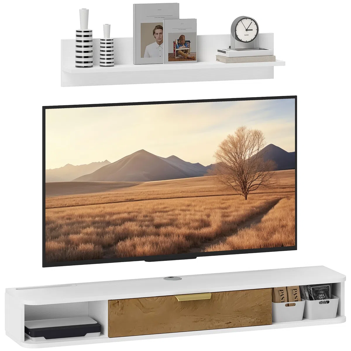 HOMCOM Mobile da soggiorno, mobile da sala da pranzo, con ripiano da parete, mobile TV, armadio, scomparti per cavi, per TV da parete, 120 x 24 x 16 cm, bianco