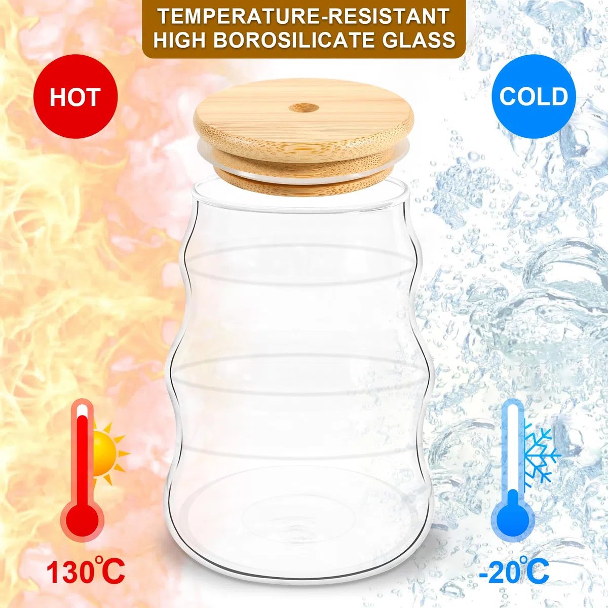 2 Pezzi Latte Macchiato Bicchieri da Caffè, 530ML Tazze in Vetro Ondulato, Bicchieri da Tè, con Coperchio e Cannuccia in Vetro e Pennello, per Tè, Birra, Latte, Caffè, Cocktail