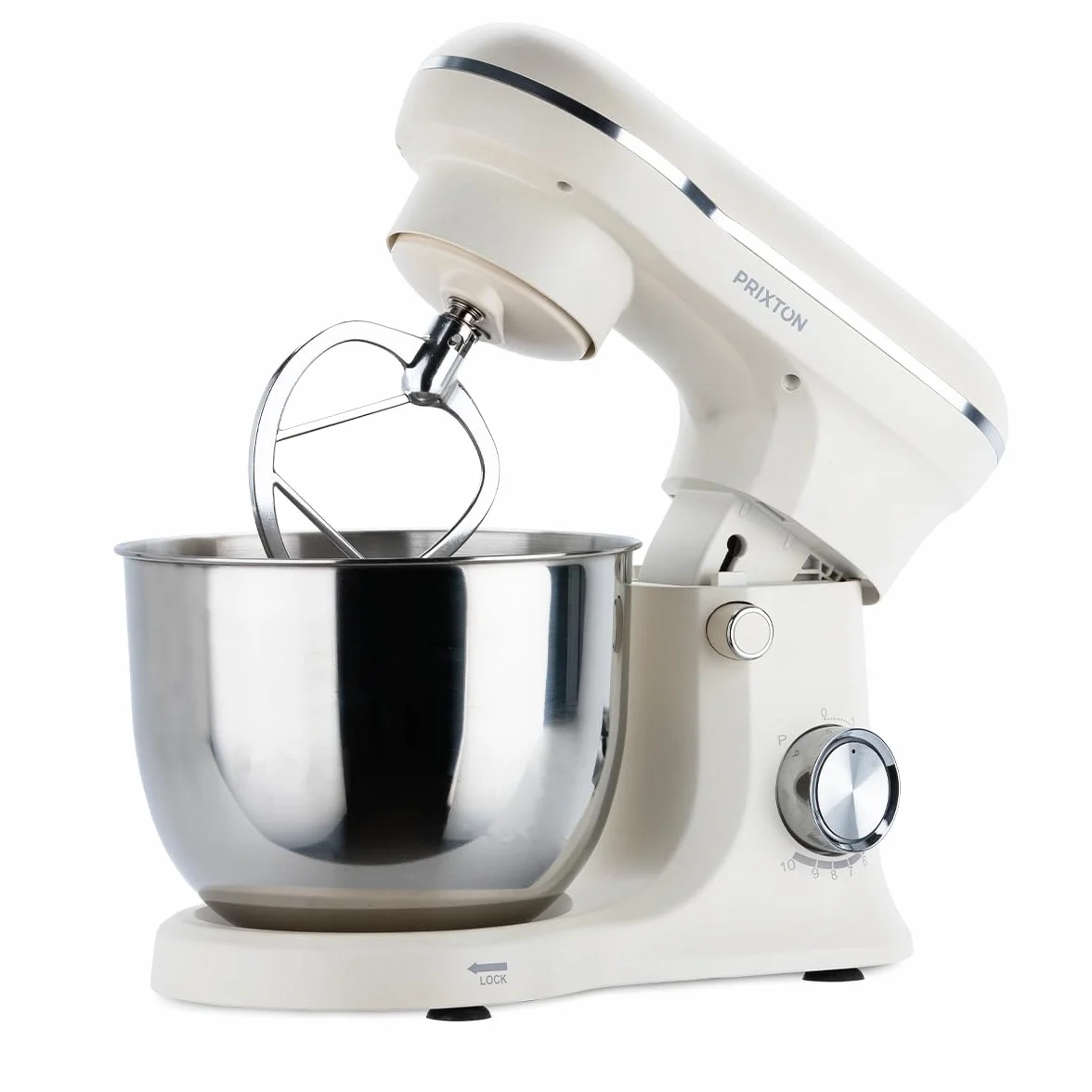 PRIXTON Frullatore Impastatrice KR250 per Pasticceria, Potenza 1500 W, 10 velocità, Ciotola Acciaio Inox da 5 litri, 3 accessori, Coperchio Trasparente (Crema Bianca)