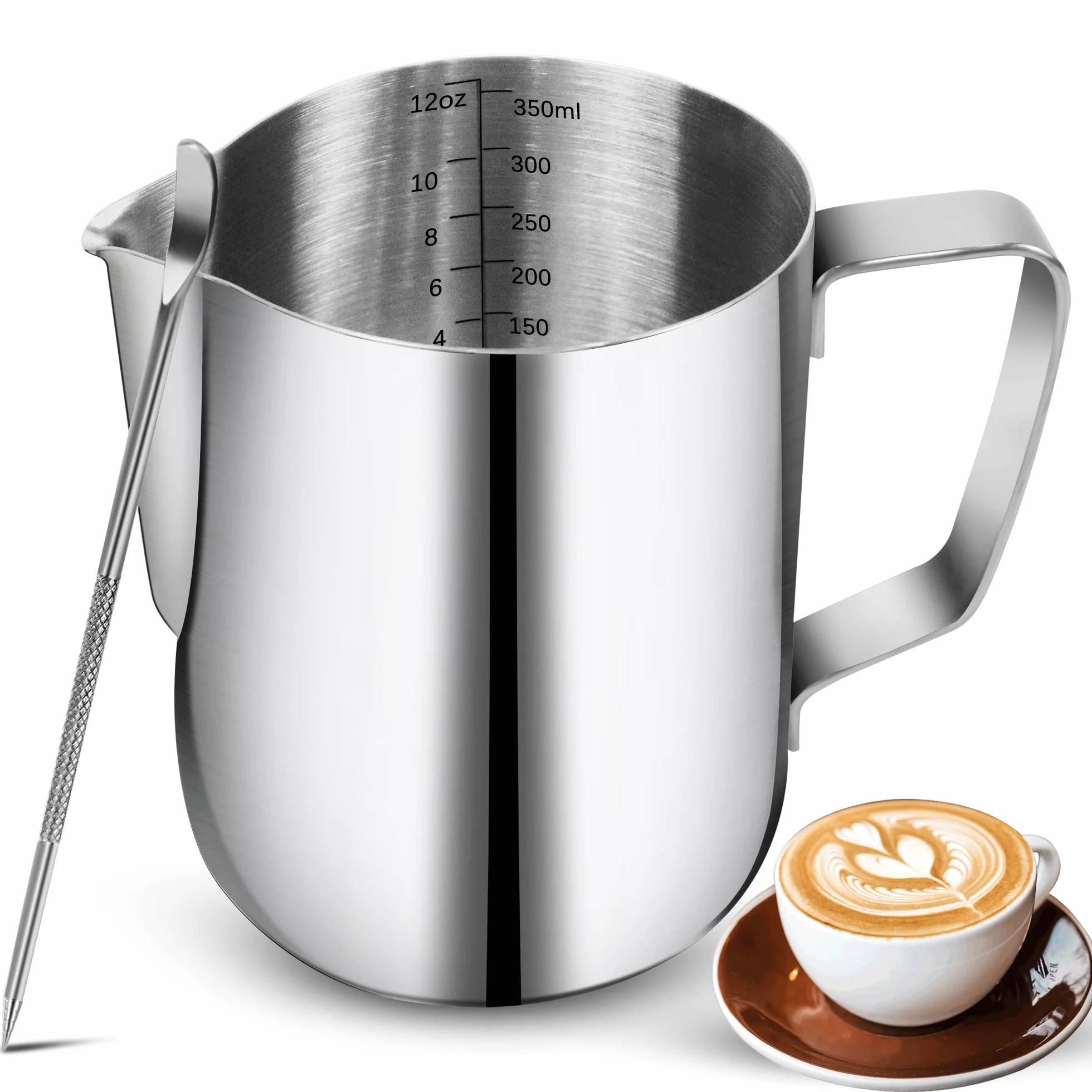 Bricco Latte 350ml in Acciaio Inox con Segno di Misurazione - Brocca in Schiuma per Latte Art, Montalatte Espresso e Cappuccino | Accessori per Amanti del Caffè
