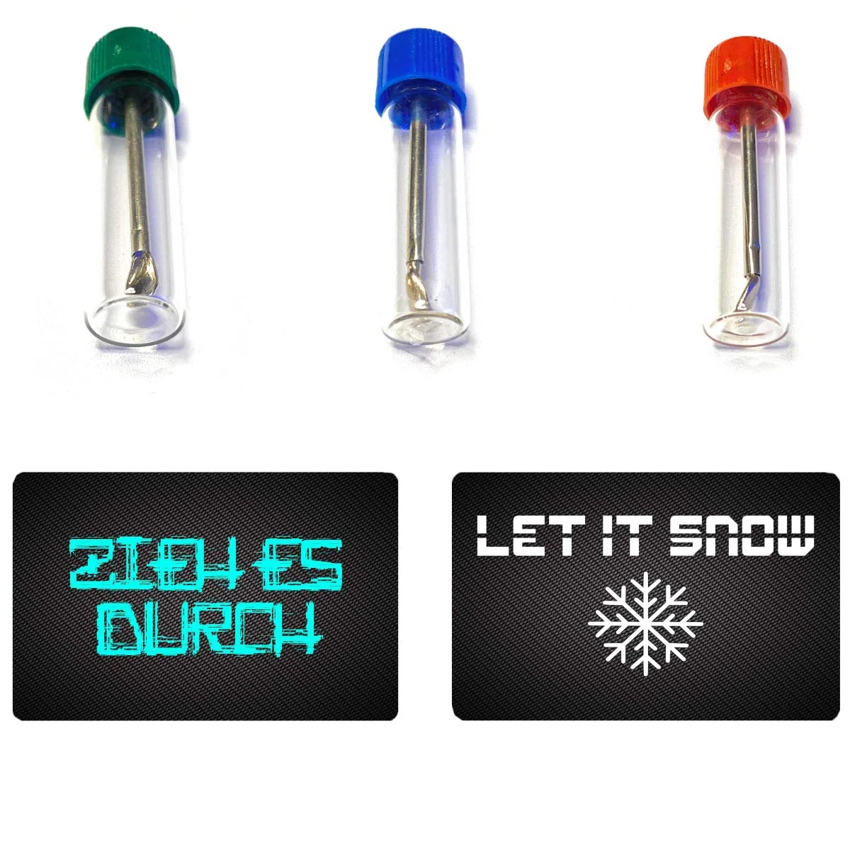 M&M Smartek Flacone baller con cucchiaino telescopico & LET IT SNOW & carta "ZIEH ES DURCH" per tabacco da fiuto | Set per tabacco da fiuto | Dosatore in vetro | Porzionatore | Dispenser | Sniff Snuff
