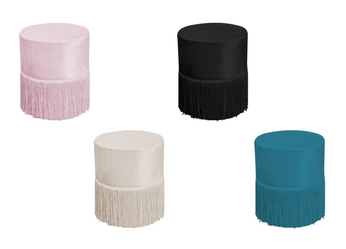 BIANCHERIAWEB Pouf Salotto/Camera con Frangette Imbottito Modello Velvet Malibù Tinta Unita Pouf Beige