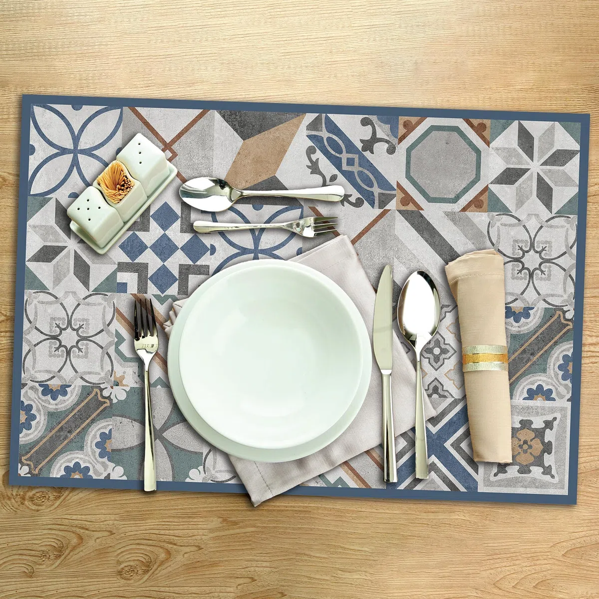 CREARREDA Tovagliette all'Americana Blue Tiles, set di 4 tovagliette colazione in PVC, 48x33 cm, antiscivolo, lavabili, resistenti allo sporco, resistenti al calore, made in italy