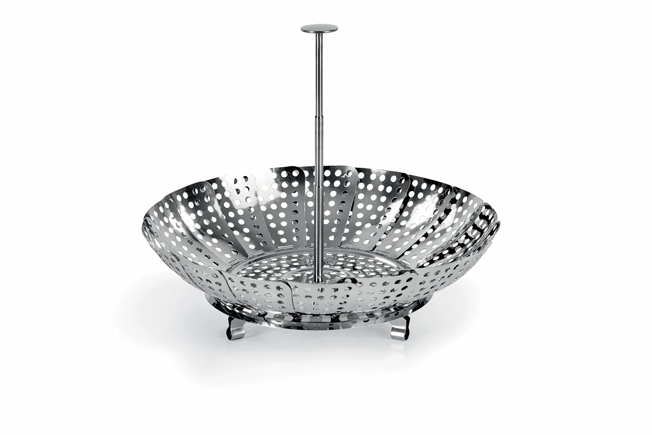 Cestello a vapore manico telescopico, Acciaio inox, ø23 cm, Ideale per cottura a vapore in pentola a pressione e pentola normale. Regolabile. Manico rimovibile+estensibile.