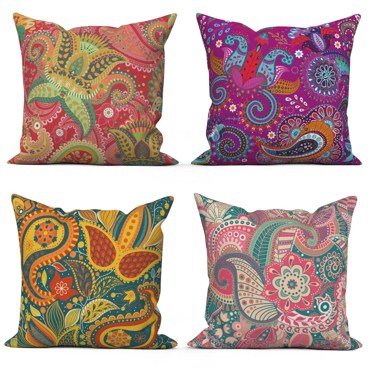 Lot de 4 housses de coussin bohème 40x40 cm, boho floral rouge jaune violet décoration de canapé housse de coussin lavable en polyester d'ameublement housse de coussin