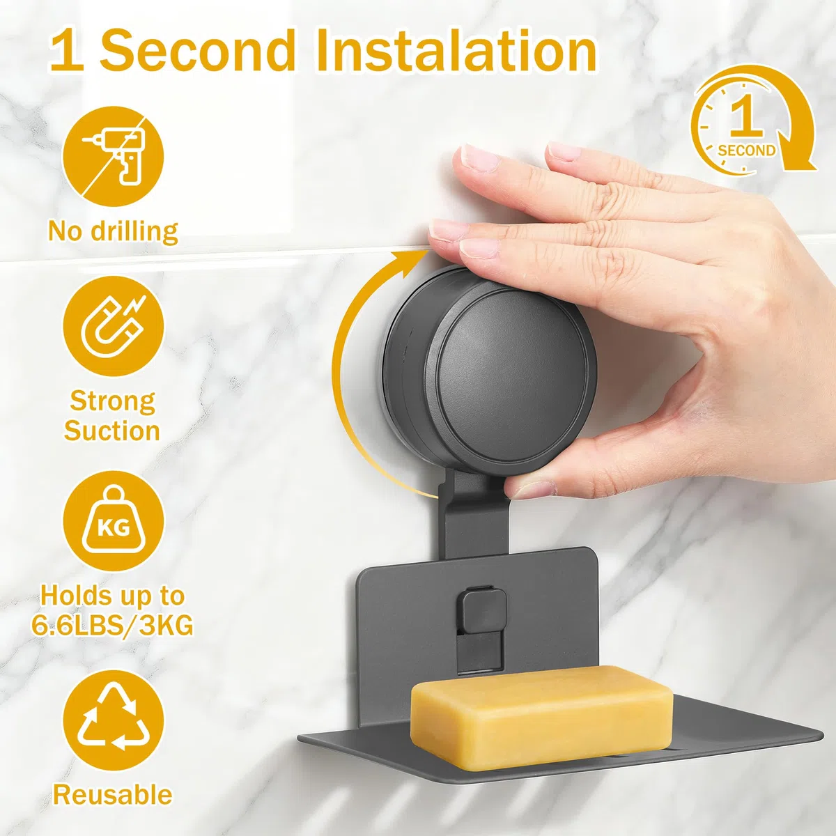 Zocipro Portasapone a Ventosa, Installazione in un Secondo Senza Trapano, Supporto per Saponetta e Spugna con Scarico Acqua, Max 3kg, per Doccia, Bagno, Vasca e Lavello Cucina