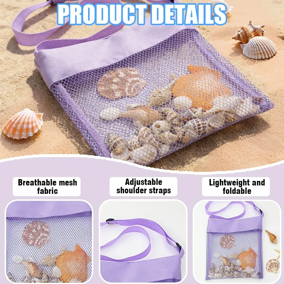 Borsa Giochi Mare, 5 PCS Borsa Giochi Spiaggia Bambini, Borsa a Tracolla Regolabile Rete Porta Giochi Spiaggia, per Riporre Giocattoli e Conchiglie in Spiaggia