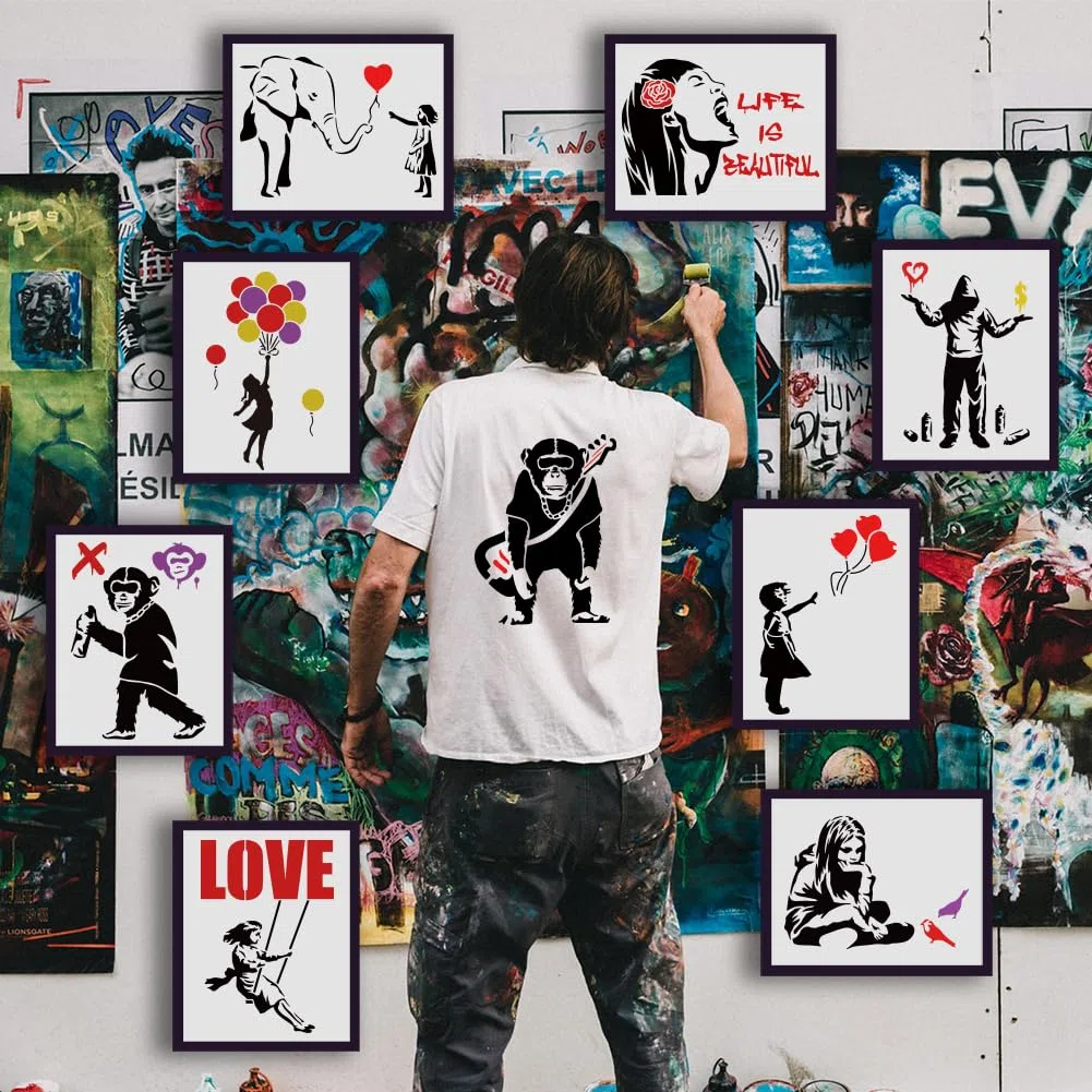 FINGERINSPIRE 9 pezzi Stencil per Pittura Banksy 21x29,7cm Riutilizzabili Banksy Ragazza Ragazzo Scimpanzé Modello di Disegno Life is Beautiful Stencil Decorativo per Dipingere su Legno Parete Tessuto