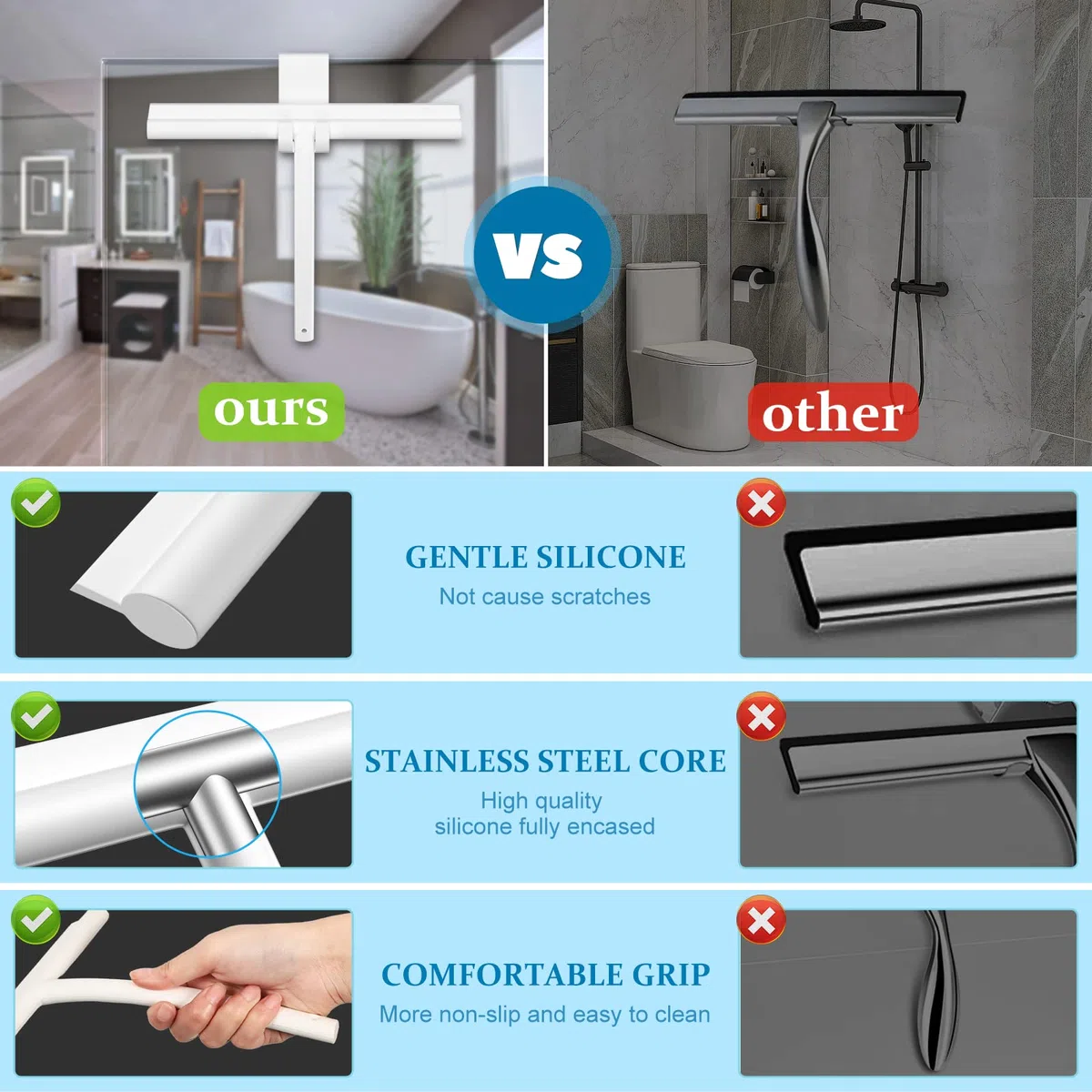 MOSUO Tergivetro per Doccia, Tira Acqua da Doccia Silicone con Gancio, Tergivetro Doccia Anima Acciaio Inox per Finestre, Specchi, Bagno Pulire Superfici Lisce - Bianco