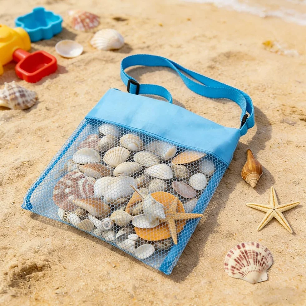 Borsa Giochi Mare, 5 PCS Borsa Giochi Spiaggia Bambini, Borsa a Tracolla Regolabile Rete Porta Giochi Spiaggia, per Riporre Giocattoli e Conchiglie in Spiaggia