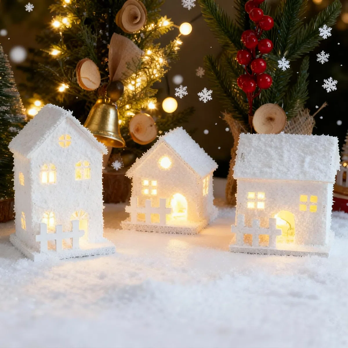 3 Pezzi Casette Natalizie Luminose con Timer, Villaggio Natalizio Legno Luminoso, Casetta Legno Villaggi Natalizi, Casette Natale Villages, Decorazioni Natalizie Luminose Regali Bianco
