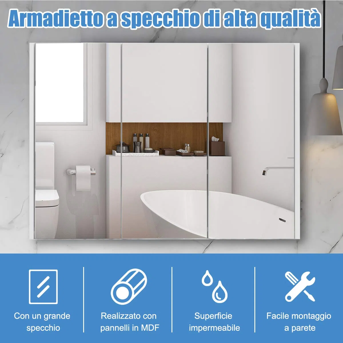 COSTWAY Armadietto Specchio Bagno con 3 Ante, 90 x 65 x 11 cm, Specchiera Bagno a Parete con Mensole Regolabili, Specchiera con Contenitore Salvaspazio per Ingresso e Soggiorno