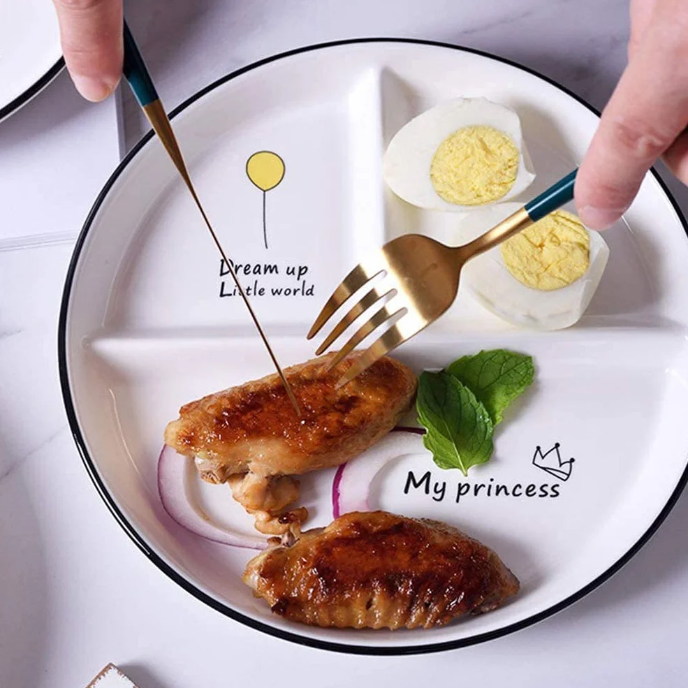 LATRAT Piatto diviso in ceramica, 3 taglio cibo, piatto per pranzo e insalata, stoviglie per cucina e festa, casa e bambini
