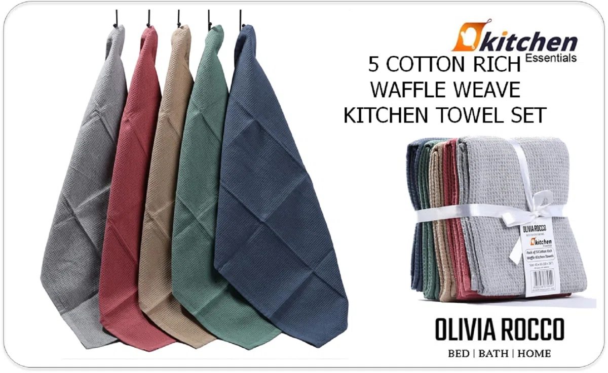 Olivia Rocco Confezione da 5 strofinacci da cucina a nido d'ape, in cotone, assorbenti, a lunga durata, per catering, bar, piatti assortiti