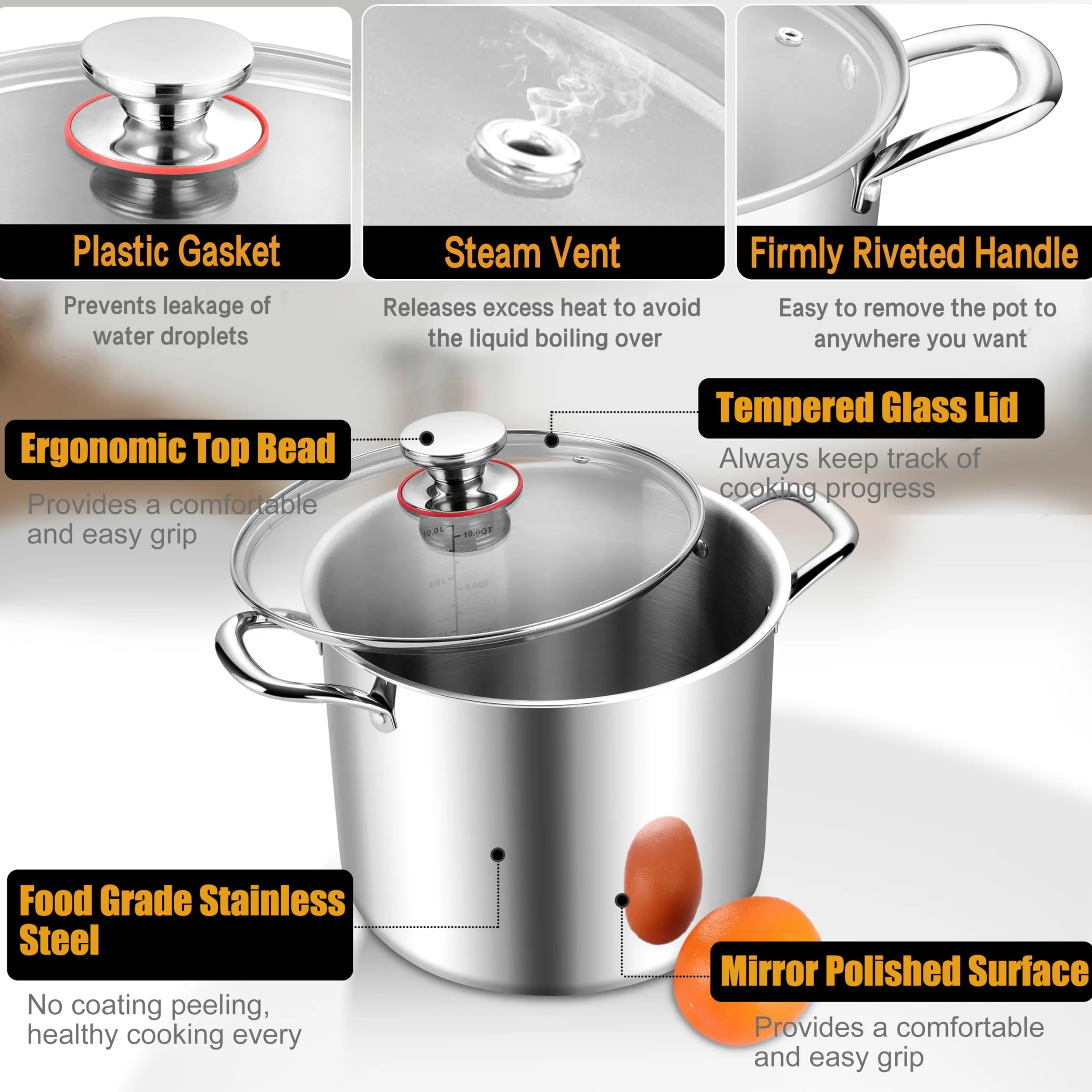 Joyfair Pentola grande da 10 l, in acciaio inox a tre strati, con coperchio in vetro, per induzione/gas/ceramica/elettrica/alogena, pentola per zuppa sicura per cuocere a fuoco lento, manici